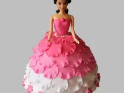 White and Pink Floral Barbie Fondant Cake