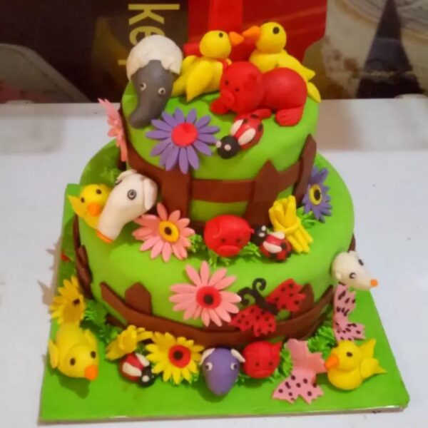 2 Tier Flower Garden and Animal Cake 3 2 Tier Flower Garden and Animal Cake