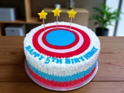 Heroic Captain Shield America Cake with red, white, and blue Captain America shield design topped with golden stars, handcrafted by LallanTop Cake Shop for superhero-themed birthday celebrations in Noida, East Delhi, Indirapuram, Vaishali, Vasundhra, and nearby areas.