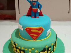 Alternative view of Superman and Batman 2 Tier Fondant Cake