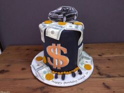 Wealthy Dollar Sign Fortune Cake with edible dollar bills, coins, and car topper by Lallantop Cake Shop