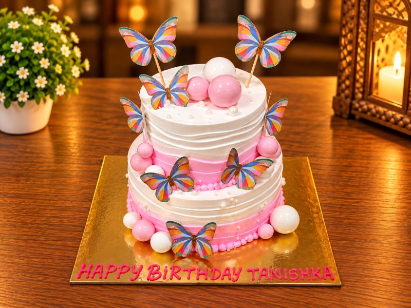 2 Tier Textured Combed Cream Butterfly Cake 3 2 Tier Textured Combed Cream Butterfly Cake - 1