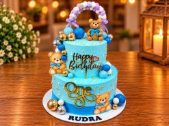 Blue Teddy Bear 2 Tier Birthday Cake - 1
