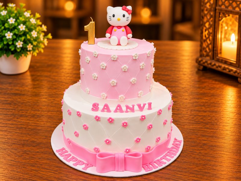 Pastel Pink Ribbon Bow Hello Kitty Tiered Cake 3 Pastel Pink Ribbon Bow Hello Kitty Tiered Cake - 1